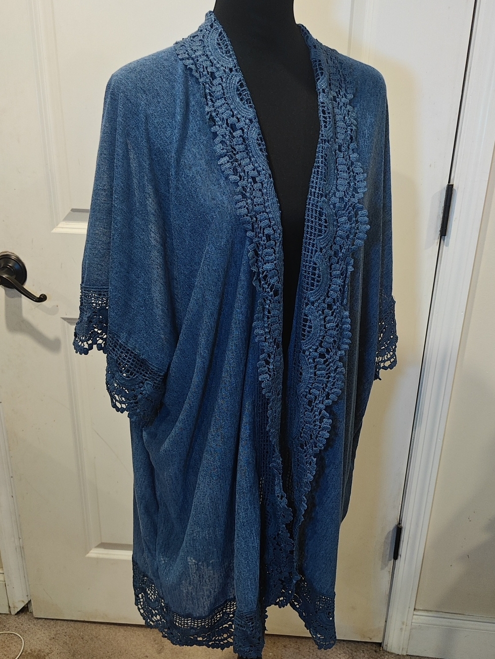 Blue Lace-Trim Open Front Women's Kimono Sweater Jacket One Size